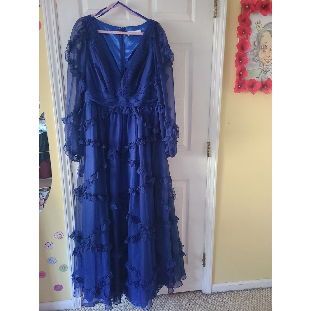 Mac Duggal Royal Blue Chiffon Maxi Dress Ruffle Long Sleeve V Neck 68223 Size 14 - Picture 4 of 5